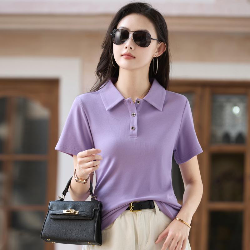 Летняя повседневная футболка с пуговицами с лацканами, женские топы с короткими рукавами