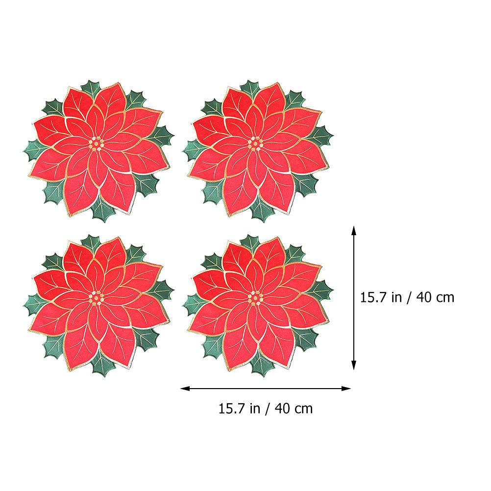 4Pcs Reusable Placemats Christmas Poinsettia Embroidery Insulated Table Mat Set Decorative Dinning Plate Mats for Home Holiday