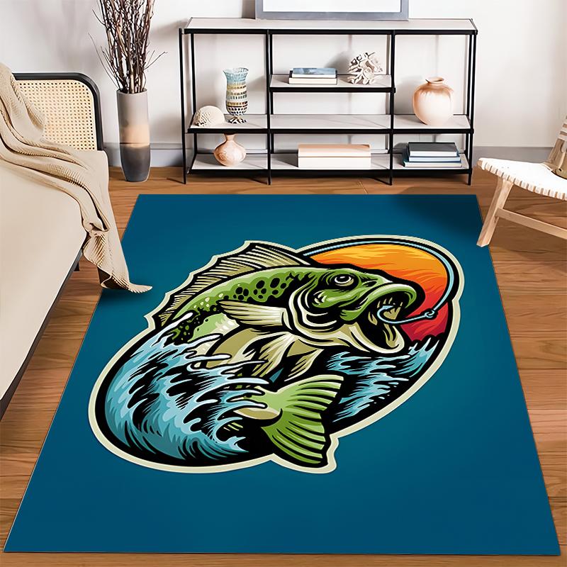 Colorful Fish Illustration Carpet with Blue Water and Sunset Design Suitable for use as an anti-slip for living room bedroom sofas