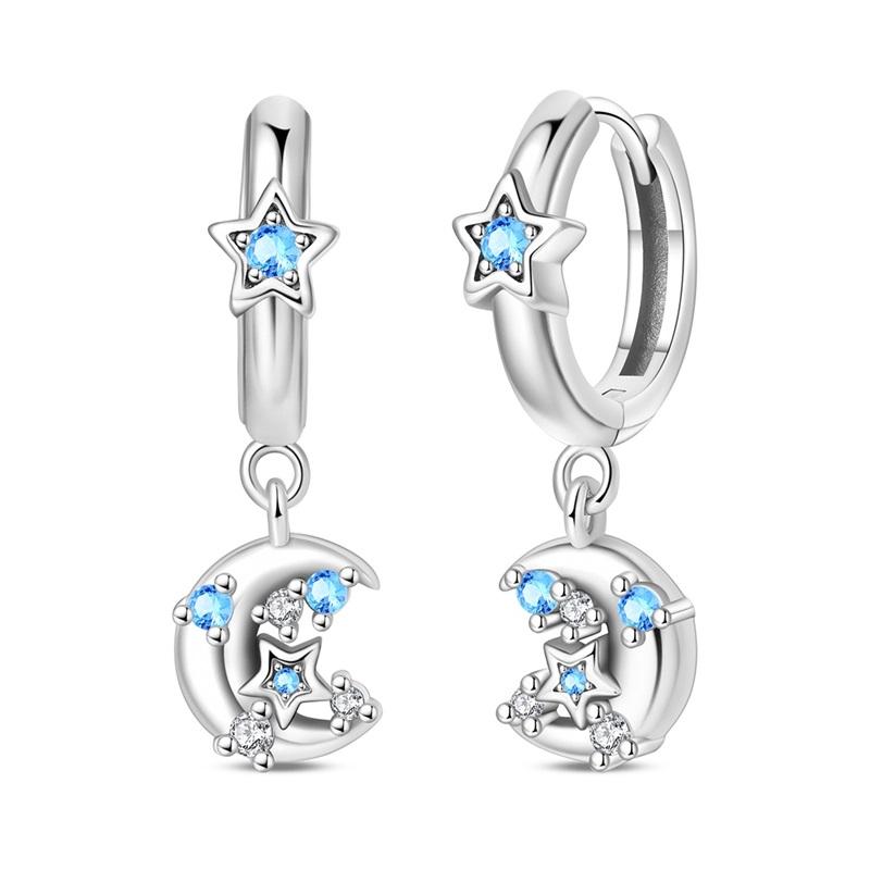 Original 925 Sterling Silver Stars Moon Earrings Women Zircon Ear Studs Sparkling Pave Hoop Earring Anniversary Jewelry Gift