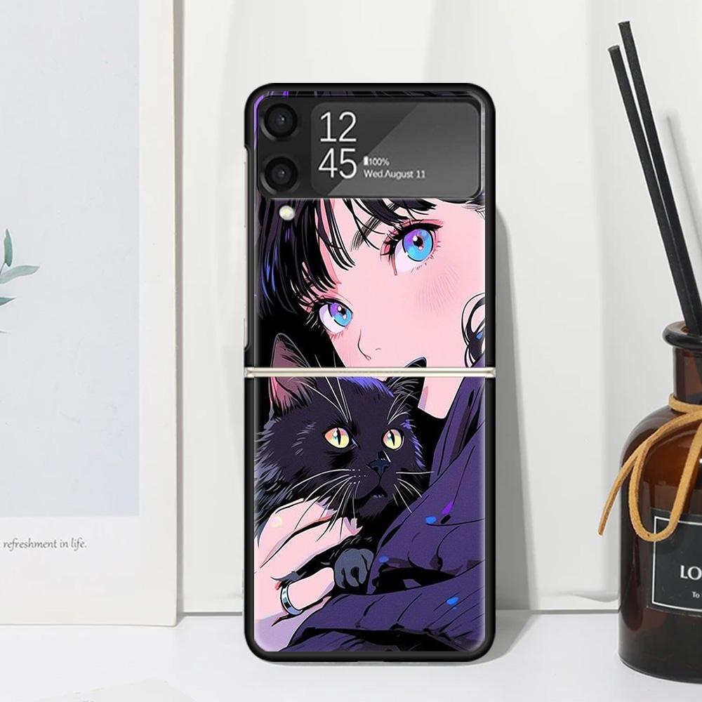 Милые Аниме Девочки Черный Кот Чехол для Телефона для Samsung Galaxy Z Flip 7 6 5 4 3 5G Flip3 Flip4 Flip5 ZFlip6 ZFlip7 Черный Fundas