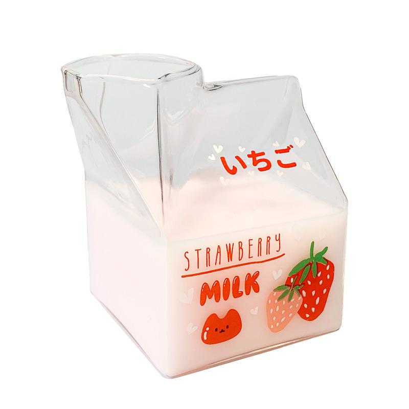 1PC Cute Square Breakfast Cups Kawaii Bottle Milk Carton Clear Wine Container Glass