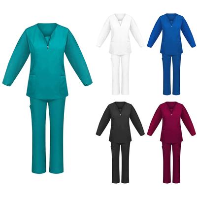 Женский однотонный топ с длинным рукавом и v-образным вырезом, рабочая форма, карманный костюм