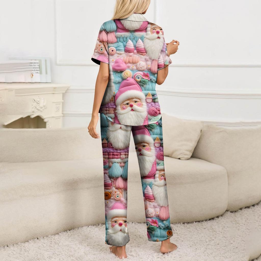 Женский рождественский пижамный комплект с принтом, женские короткие рукава, длинные брюки, комплект из двух предметов, застегивающийся на пуговицы, домашняя одежда