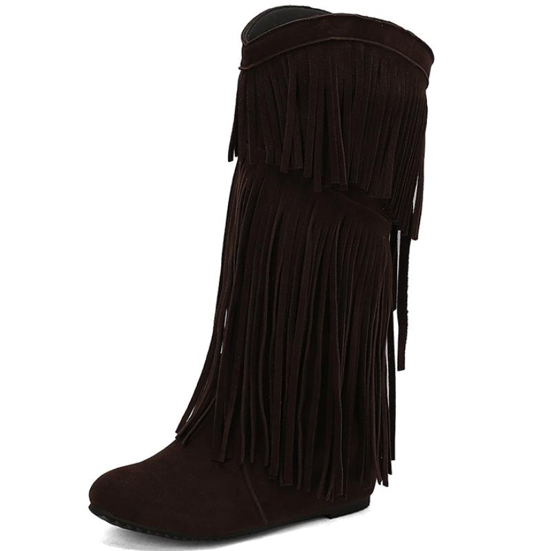 Женские сапоги до середины голени с бахромой, сексуальные зимние туфли, черные, бежевые, на танкетке, женские туфли, увеличивающие рост, большой размер 48