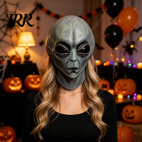 Breathable Alien Head Mask Halloween Grey Mask, Latex Full UFO Cosplay with Big Adult Costume Eyes, Soft Sci Fi Party Prop for Adults, Trick or Treat