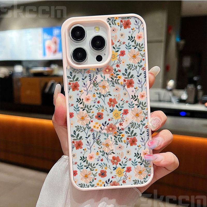 Милый чехол для телефона с цветочным узором для iPhone 16 15 14 Pro Max 11 12 13 Pro 16E XS X XR Матовый магнитный чехол Magsafe для беспроводной зарядки
