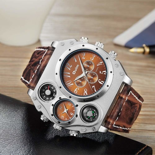 Avaner Men's Military Quartz Wristwatch with PU Leather Strap, Big Face, Two Time Zones, Analog Display, Compass, Thermometer, and Decorative Dial, Br