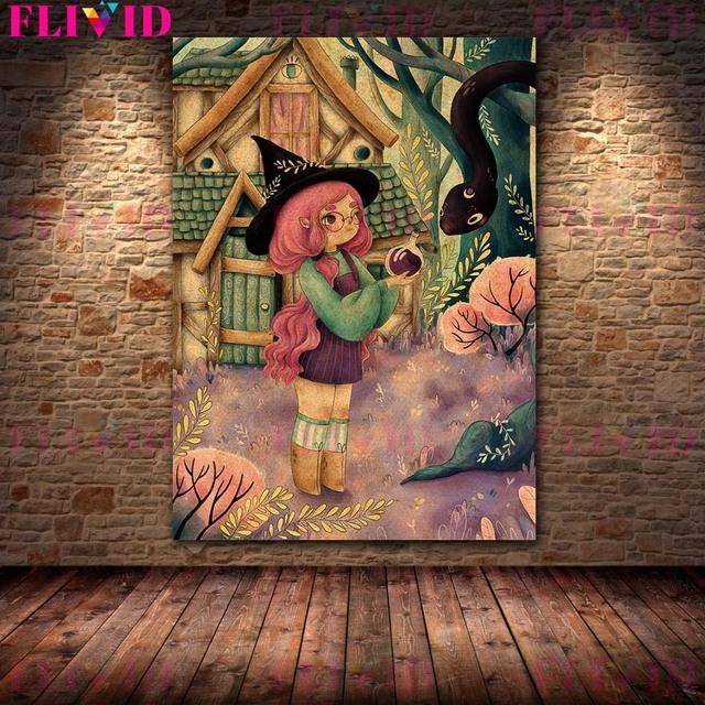 Фэнтези Маленькая Ведьма Волшебный Магазин Винтаж Настенная Картина Маслом Гриб Фея и Мотылек Принцесса Плакат