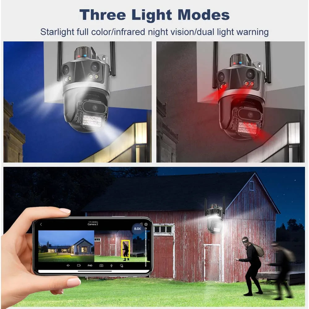 LS VISION ICsee Security PTZ Camera 6K 12MP HD Three Lens 8X Zoom Outdoor WiFi Wireless CCTV Video Surveillance Auto Tracking Home Protection