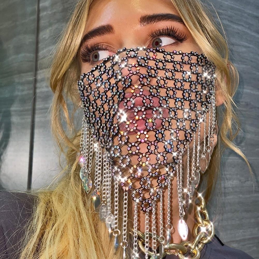 Tassel Rhinestone Mask Fishing Net Masquerade Mask Reusable Face Cover Girl
