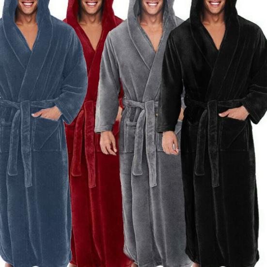 Men Soft Coral Fleece Solid Color Pockets Long Bath Robe Home Gown Sleepwear