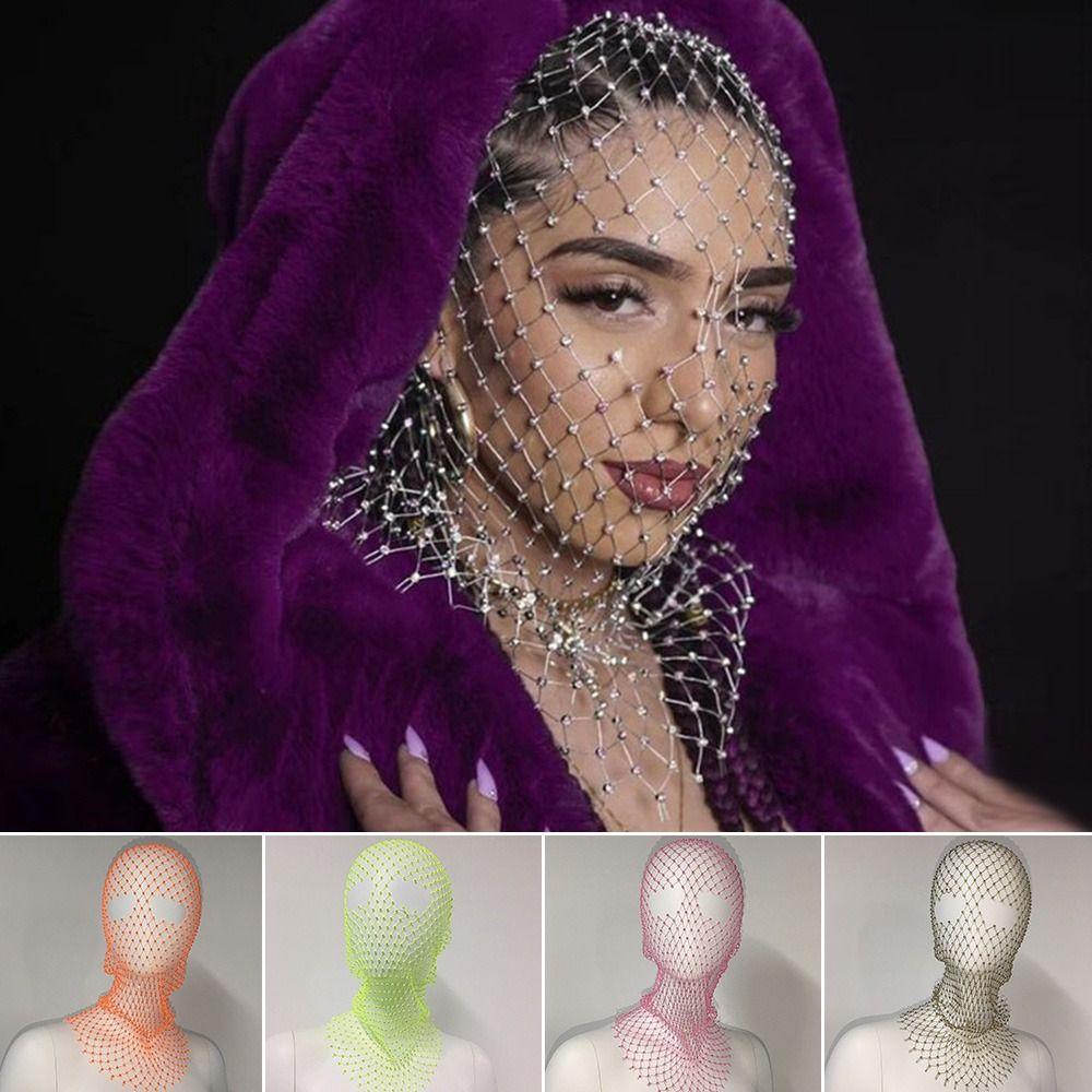 Balaclava Women Fishnet Headhood Cap Shining Diamond Headwrap Rhinestone Headcover Masked Head Mask