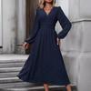 Autumn and Winter Women's Dress Medium Slant Neck Lantern Sleeve Pleated Decorative Waist Dresses