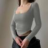 2022 Summer Lounge Wear New Fashion Ladies Shirts Square Neck Slim Collar Women's T-Shirt Long Sleeve Slim Cropped Sexy Top