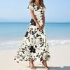 Women's Casual Fashion Print Long Dresses V-Neck Short Sleeve Dresses