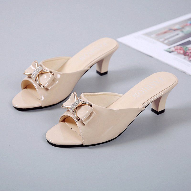 Сандалии Fish Mouth Женская одежда для отдыха Летние сандалии со стразами и бантом Универсальные женские туфли на высоком каблуке больших размеров