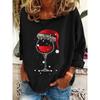 Christmas Wine Cup Print Long Sleeve Cotton T-Shirt For Women Christmas Print Top Fashion Women's Oversized Clothes O-Neck Tops
