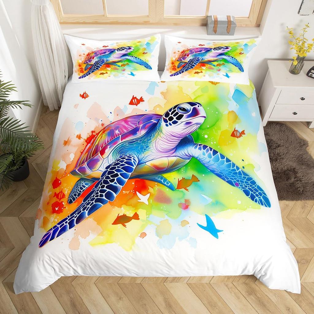 Turtle Butterfly And Flower Duvet Cover For Kids Boys Girls Lightweight Quilt Cover With 2 Pillowcase Cartoon Turtle Bedding Set