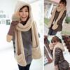 Women Long Warm Plush Velvet Hooded Scarf 3 In 1 Pocket Gloves Hats