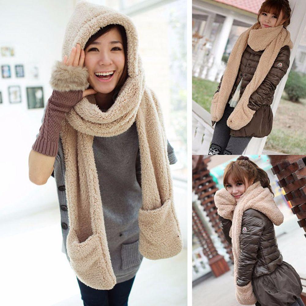 Women Long Warm Plush Velvet Hooded Scarf 3 In 1 Pocket Gloves Hats