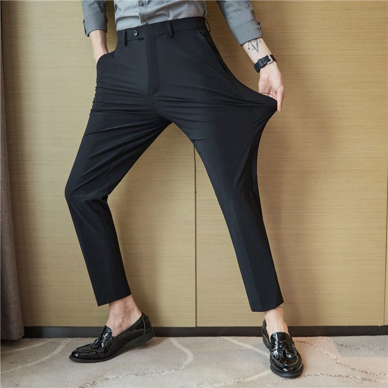 Модные мужские приталенные брюки темно-серого цвета в стиле smart casual, весна-лето, новинка, ледяной шелк, высокая эластичность, деловые укороченные брюки