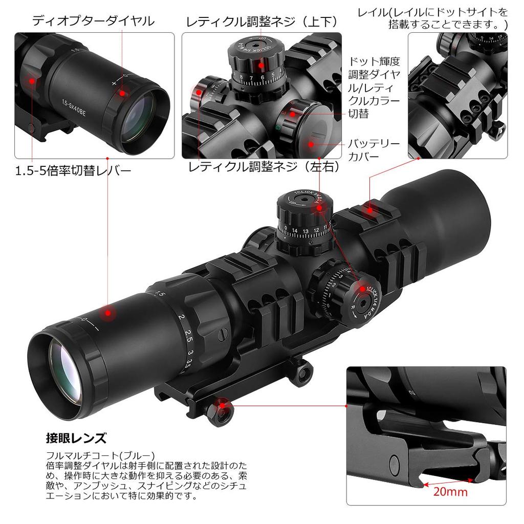 Scoking Подсветка RGB Переменное увеличение Оптический прицел Крепление на планку 3 цвета 1.5-5x40BE (Включено цельное изделие)