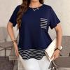 Весна Лето Женский Полосатый Лоскутный Топ-Рубашка Большого Размера с Круглым Вырезом, Свободного Кроя, с Коротким Рукавом, Имитация Двойки