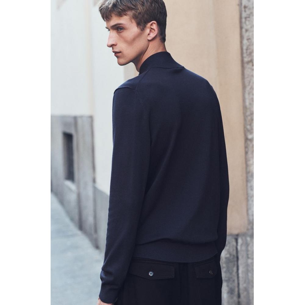 HM slimM Fit Zip Top Тонкий вязаный свитер темно-синего цвета