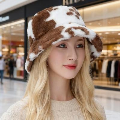 Панама-ведро из искусственного меха с узором молочной коровы, теплая, уютная, пушистая, головной убор на Рождество, День благодарения