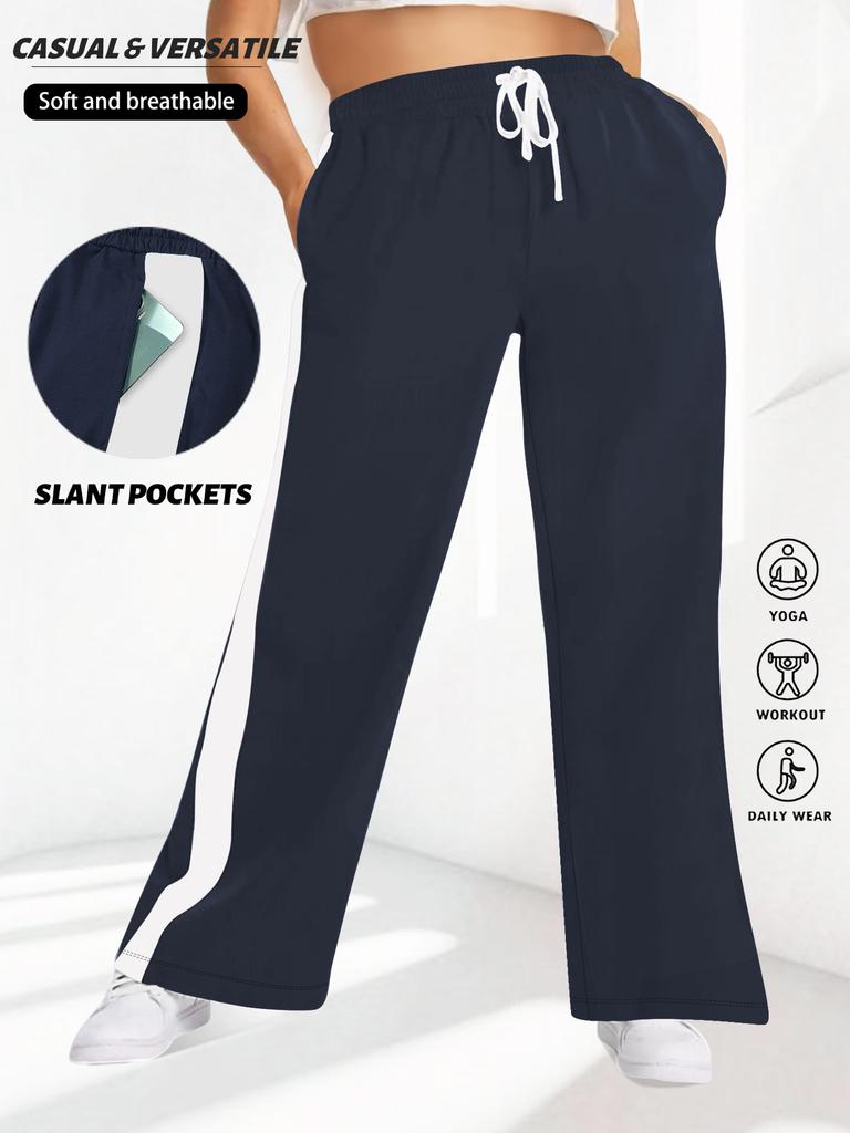 Side-seam White Stripe Oversized Straight-leg Casual Pants Loose Athletic-style Elastic Waistband with Drawstring Casual Pants