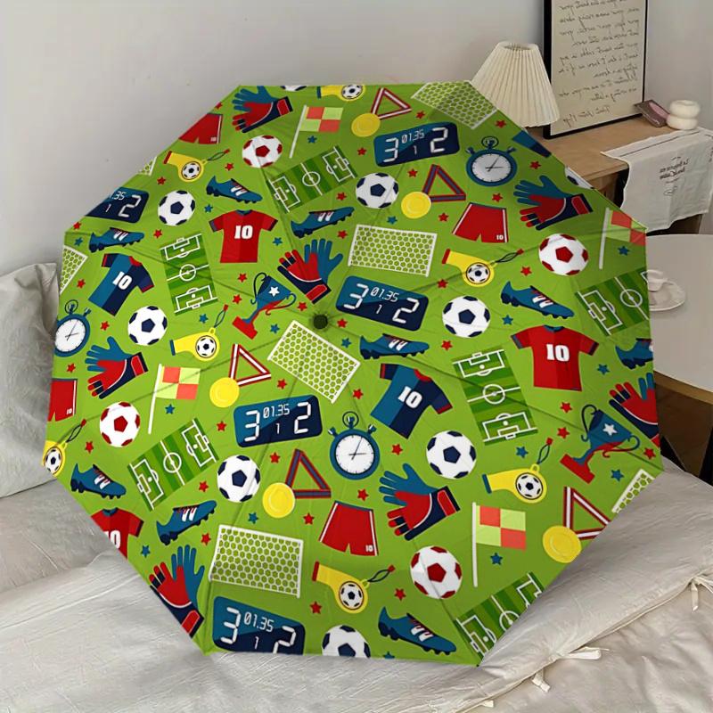 Soccer-themed Sports Equipment Set with Automatic Opening Umbrella, Portable Tri-fold Design, 8-Bone Iron Frame, Outdoor Rain Gear, Ideal Gi