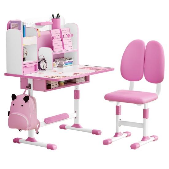 2Pcs/Set Kids Study Desk Chair Set Height Adjustable Study Table Chair Set with Sitting Corrector Ergonomic Desk Chair with Book Stand (Pink, Blue)