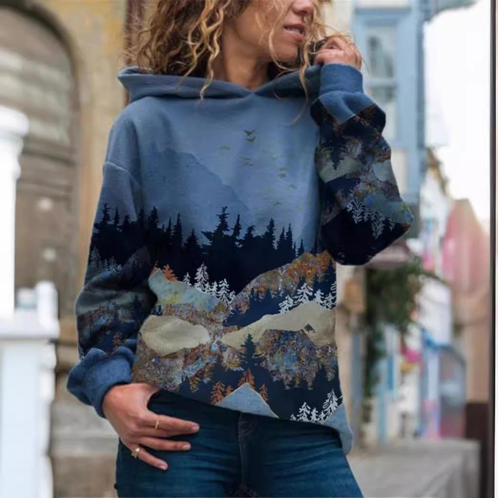 3d Loose Hooded Sweatshirt Landscape Female Gradient Printed Hoodies Women's Long Sleeved Pullover