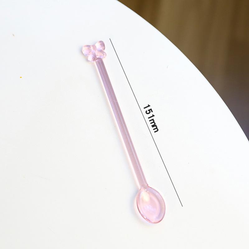 NEW Pink Bow Glass Coffee Spoon, Long-handled Dessert/milk Tea Stirring Spoon, Heat-resistant Teaspoon, Household Kitchen Tool.