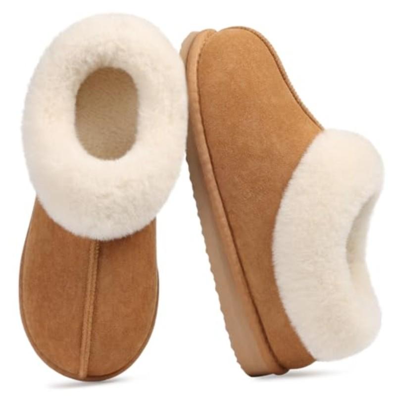 Plush Home Shoes for Women with Fluffy Memory Foam and Suede Featuring Faux Fur Collar Indoor and Outdoor Women Slippers