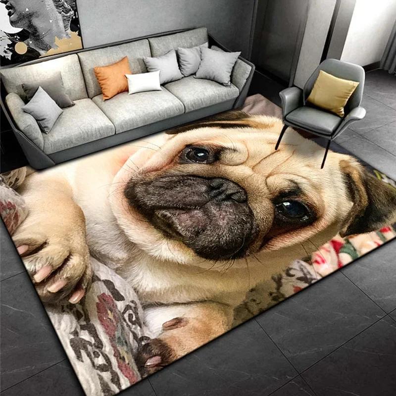 Lovely Pug Dog Cartoon Area Rug - Cute Animal Carpet for Kids Bedroom Playroom Non-Slip Kids-Friendly Floor Mat Home Decor Gift