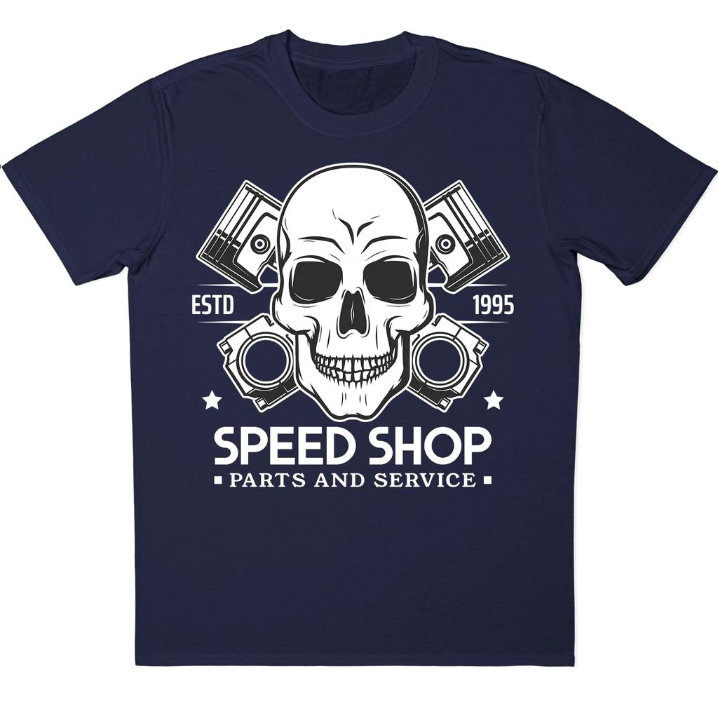 `Skull Biker T-Shirt Speed Shop Piston Mechanic Parts Service Motorcycle Tee