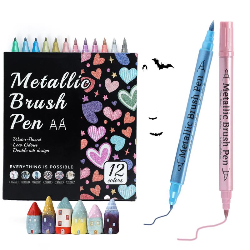 Dual Tip Metallic Colors Acrylic Art Markers Pens Set for Artist Rock Painting,Glass,Ceramic Fabric DIY Card Making Art Supplies