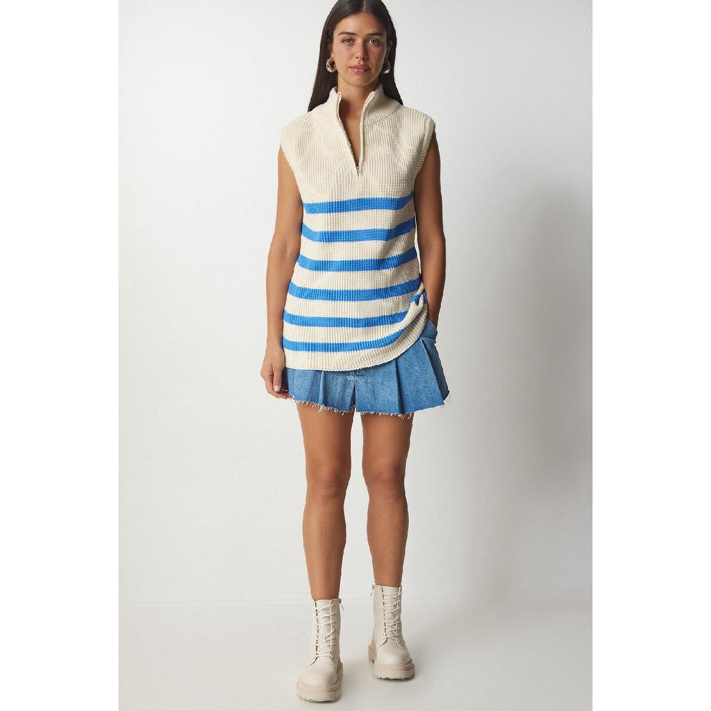 Женский кремовый черный полосатый свитер с воротником на молнии Mx00123