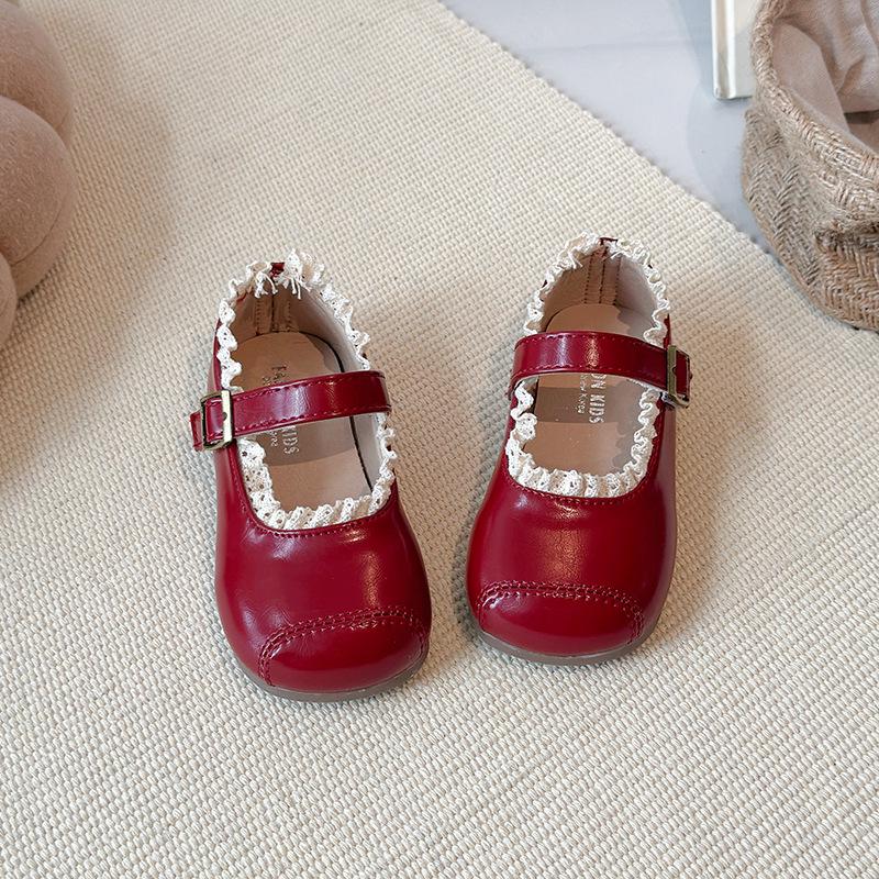 Весна 2026 Детские кожаные туфли Мэри Джейн с кружевной отделкой - Нескользящие, Мягкая подошва, Туфли для маленьких принцесс