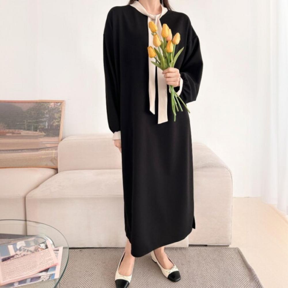 New Arrivals Open Run Two Tone Loose Fit Ribbon Tie Long Sleeve Dress