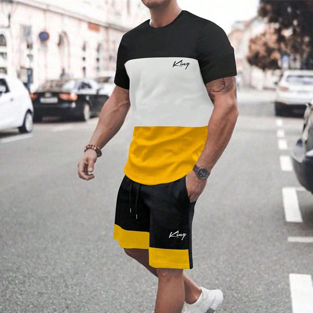 Мужская летняя повседневная футболка с круглым вырезом, коротким рукавом, принтом в виде 3D-букв и цветов, комплект шорт на шнурке, спортивная одежда