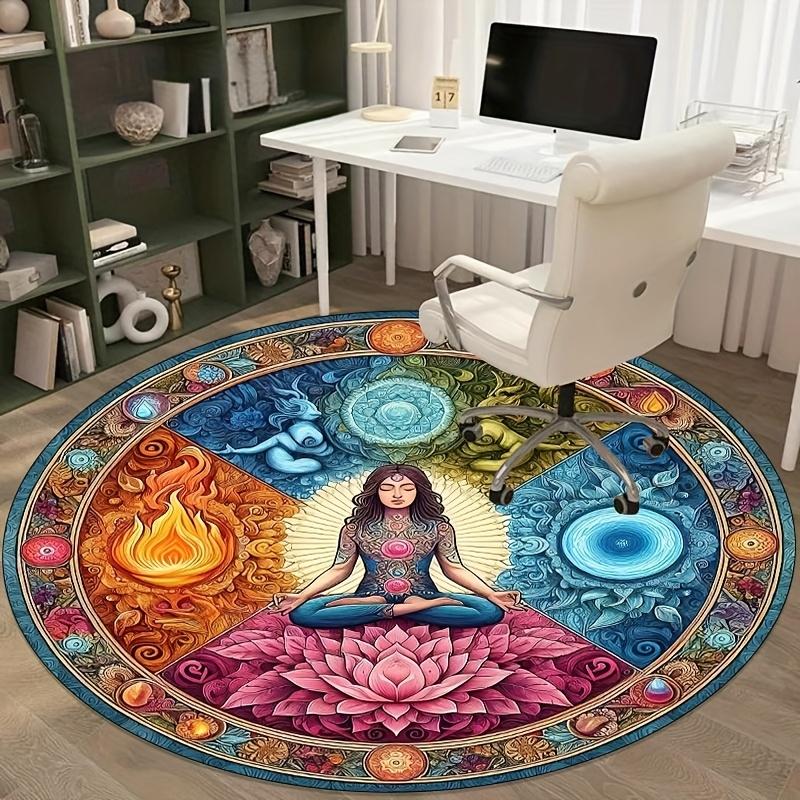 VIKAMA Spiritual Chakra Meditation Round Rug, Bohemian Yoga Lotus Floor Mat, Outdoor Terrace Rug, Home Decoration