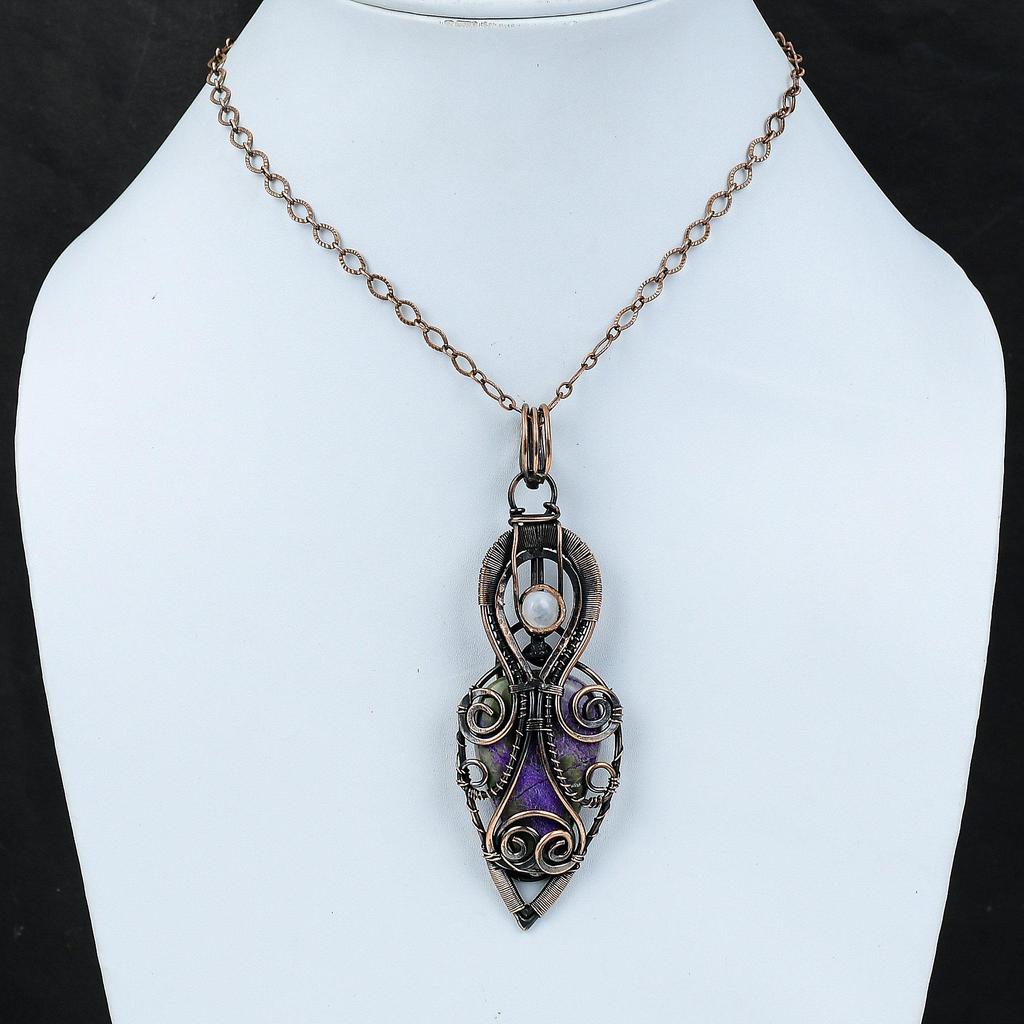 Подвеска из пурпурита, обернутая медной проволокой, ручная работа, дизайнерская подвеска, ювелирное изделие с радужным лунным камнем для подарка, ювелирное изделие, обернутое медной проволокой