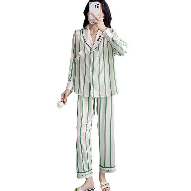 1011 new summer pajamas women's green striped ice and snow silk long-sleeved trousers thin suit Internet celebrity loungewear