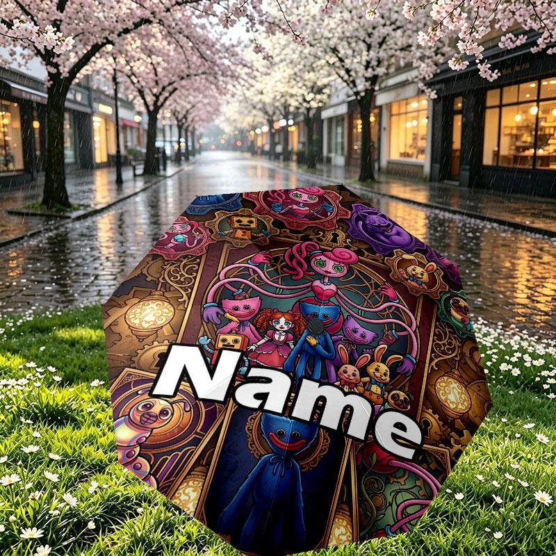 Custom Name Personalized Poppy Playtime Print Umbrella, Auto Open Close, 8‑Rib Sturdy Frame, Commute Camping Hiking Use, Birthday Gift