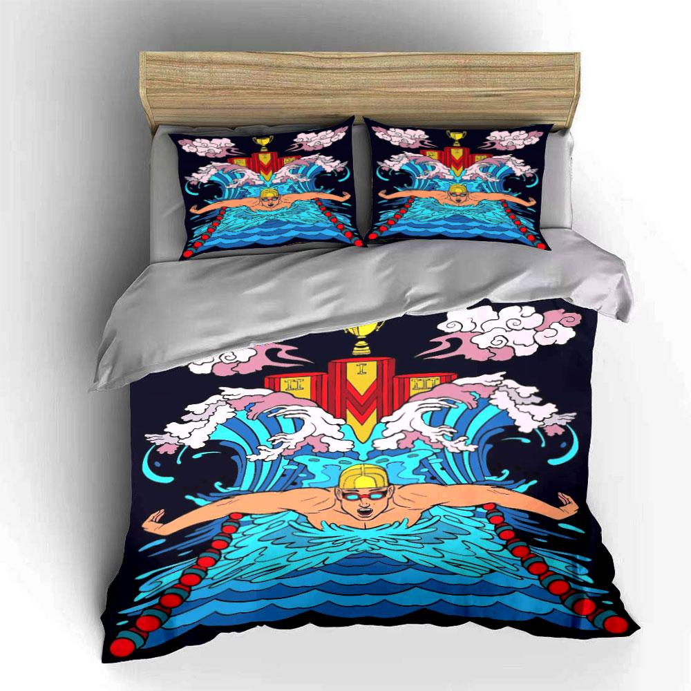 Swimmer, waves, clouds, trophy. Bedding sets Duvet cover sets Duvet covers Pillowcases(1*Duvet Cover 2*Pillowcases without duvet insert)
