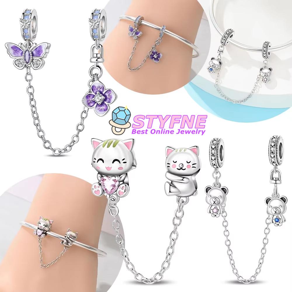 Женские подвески Оригинальная медь Пурпурная бабочка Цветок Кошка Фиксированная цепочка Медведь Бусина Подходит для браслета Женские украшения DIY Аксессуар