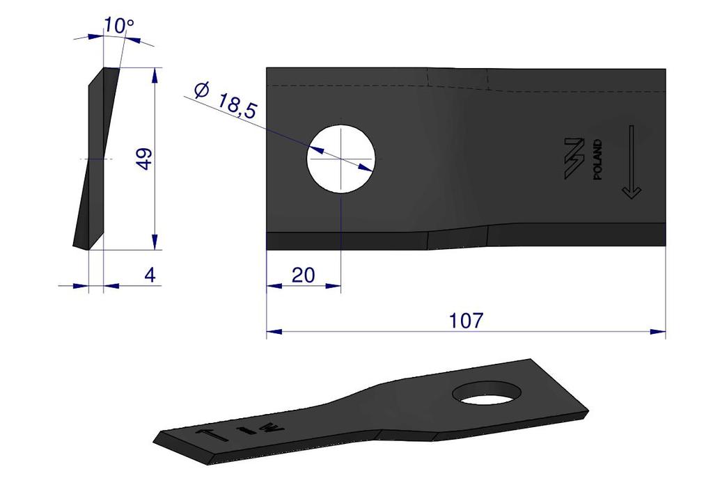 Right mower blade 107x48x4mm hole 18.5 application 90261560 99361560 Vicon WARYŃSKI (sold in packs of 25)